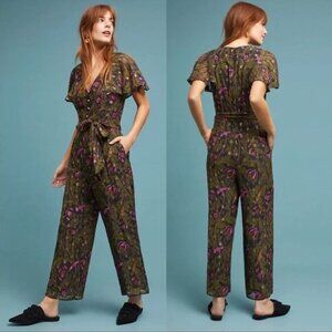 Anthropologie Ett:Twa Brenda Metallic Floral Cropped Flutter Sleeve Jumpsuit, 12